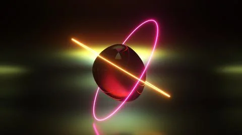 Abstract background with morphing dark spheres illuminated by neon rings. 3d  Stock Illustration