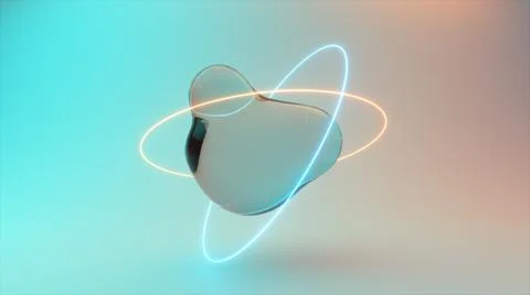 Abstract background with morphing water spheres illuminated by neon rings. 3d Stock Illustration