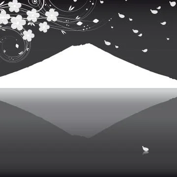 Abstract background with a mountain and the branches of a flowering apple tre Stock Illustration