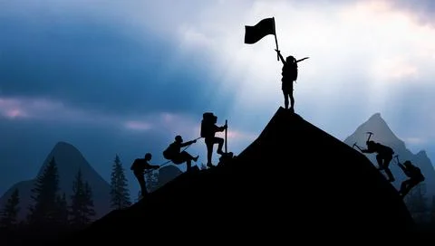 Abstract Background. Mountain climbing and Silhouette of women holding flag Illustration