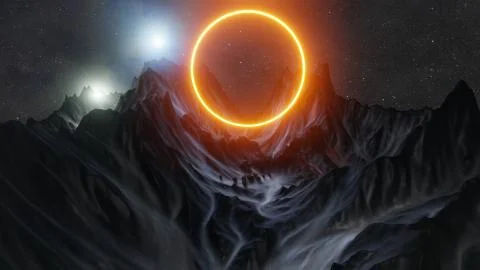 Abstract background of mountains and orange neon circle Stock Illustration