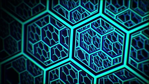 Abstract background of moving geometric tunnel with hexagon pattern illuminated Stock Footage 147863094