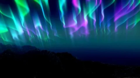 The abstract background of the multi -colored northern lights and mountains.. 库存插图