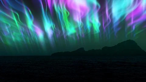The abstract background of the multi -colored northern lights and mountains.. Stock Illustration