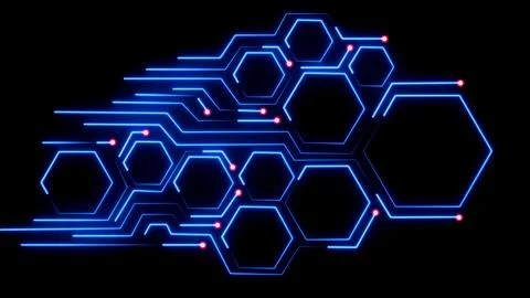 Abstract background with neon blue light lines and empty hexagon. Illustrazione stock