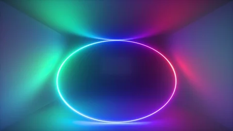 Abstract background, neon glowing ring spinning inside box, rotating, fluores Stock Footage 99345855