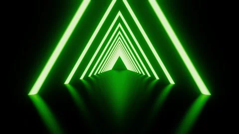 Abstract background Neon glowing triangle tunnel with green light lines moving Stock Footage 272791505