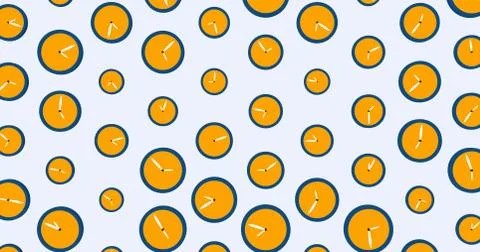 Abstract background of orange clocks with different time. Isolated on white Illustrazione stock