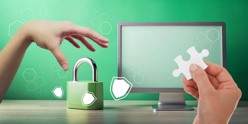 Abstract Background. Padlock concept with hand holding jigsaw and computer Stock Illustration