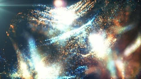 Abstract background of particles and fluids of orange and blue interacting wi Foto stock