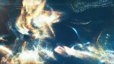 Abstract background of particles and fluids of orange and blue interacting wi 写真素材
