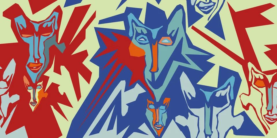 Abstract background. Pattern of abstract faces and geometric shapes. Stock Illustration