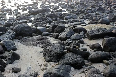An abstract background of pebbles on the beach. Rocks texture and pattern w.. Foto stock