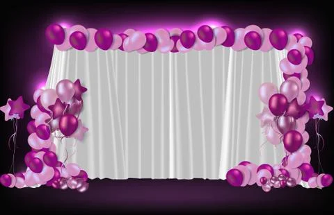 Abstract background of pink fabric backdrop and balloons, romantic wedding co Illustrazione stock