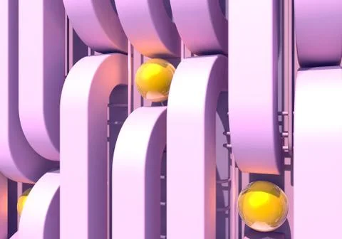 Abstract background with pink square pipes and shiny golden balls. 3D Illustrazione stock