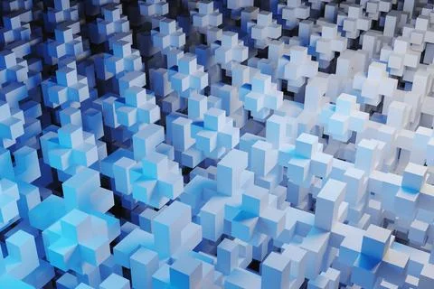 Abstract background of pixel cubes in blue neon light. 3D rendering illustrat Stockillustratie