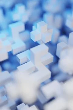 Abstract background of pixel cubes in blue neon light. 3D rendering illustrat Illustrazione stock