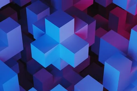 Abstract background of pixel cubes in neon light of purple and blue. 3D rende Stockillustratie