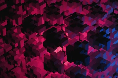 Abstract background of pixel cubes in neon light of purple and blue. 3D rende Stock Illustration