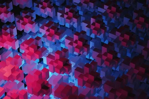 Abstract background of pixel cubes in neon light of purple and blue. 3D rende 스톡 일러스트
