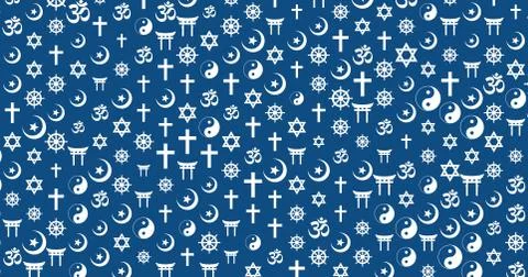 Abstract background of randomly sized religious symbols. Isolated on blue Illustrazione stock