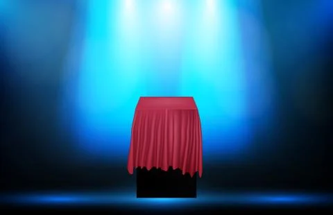 Abstract background of red silk cloth covered table on blue background Illustrazione stock