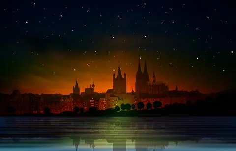 Abstract background with red sunset and panorama of old Cologne Ilustración de archivo