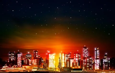 Abstract background with red sunset and panorama of Vancouver Ilustração Stock