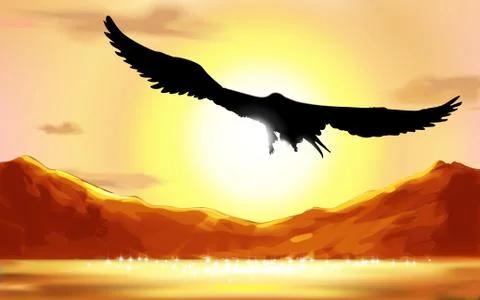 Abstract background with the silhouette of an eagle, flying over the water Stock Illustration