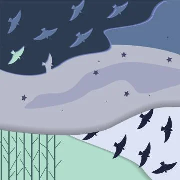 Abstract background with sky, trees and birds. Pattern in blue shades Illustrazione stock