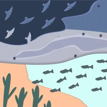 Abstract background with sky, trees, fish and birds. Pattern in blue shades Stock Illustration