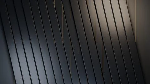 Abstract background of sleek dark gray diagonal metal slats with thin golde.. Stock Photos