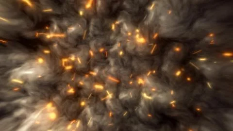 Abstract background of smoky dark clouds with glowing orange sparks Illustrazione stock