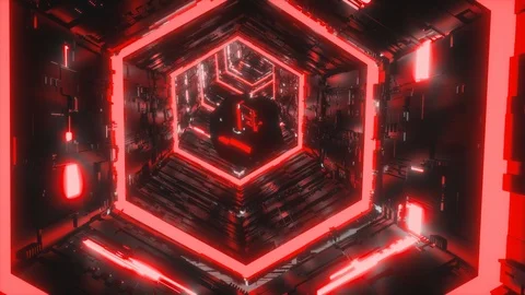 Abstract background of a specular gem flying through the bright red neon hexagon Stock Footage 115349856