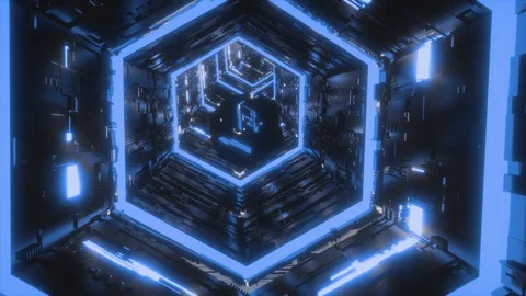 Abstract background with specular gem flying through blue neon hexagon tunnel Stock Footage 126714151