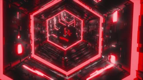Abstract background of a specular gem flying through the bright red neon hexagon Stock Illustration