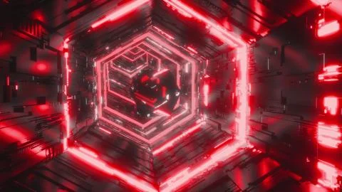 Abstract background of a specular gem flying through the bright red neon hexagon Stock Illustration