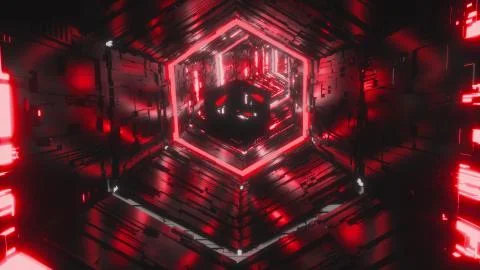 Abstract background of a specular gem flying through the bright red neon hexagon Stock Illustration