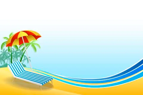 Abstract background summer beach vacation deck chair red umbrella green palm blu Stock Illustration