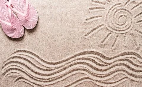 Abstract background, Summer wallpaper, drawing on sand, sea waves and sun, Stock Photos