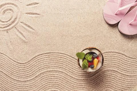 Abstract background, Summer wallpaper, drawing on sand, sea waves and sun, Stock Photos