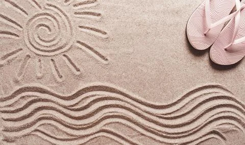 Abstract background, Summer wallpaper, drawing on sand, sea waves and sun, Stock Photos