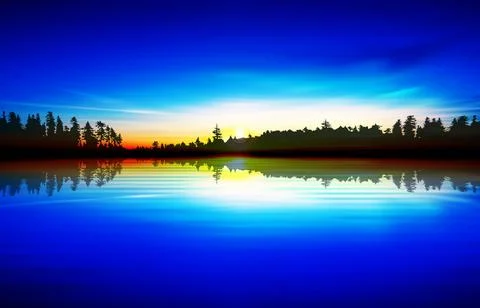 Abstract background with sunrise and forest lake Ilustração Stock
