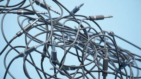 Abstract background with tangled audio cables with jacks. 3D illustration Illustrazione stock