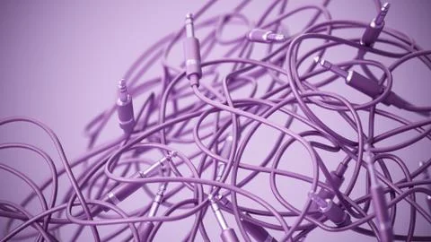 Abstract background with tangled audio cables with jacks. 3D illustration Illustrazione stock