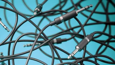 Abstract background with tangled audio cables with jacks. 3D illustration Illustrazione stock