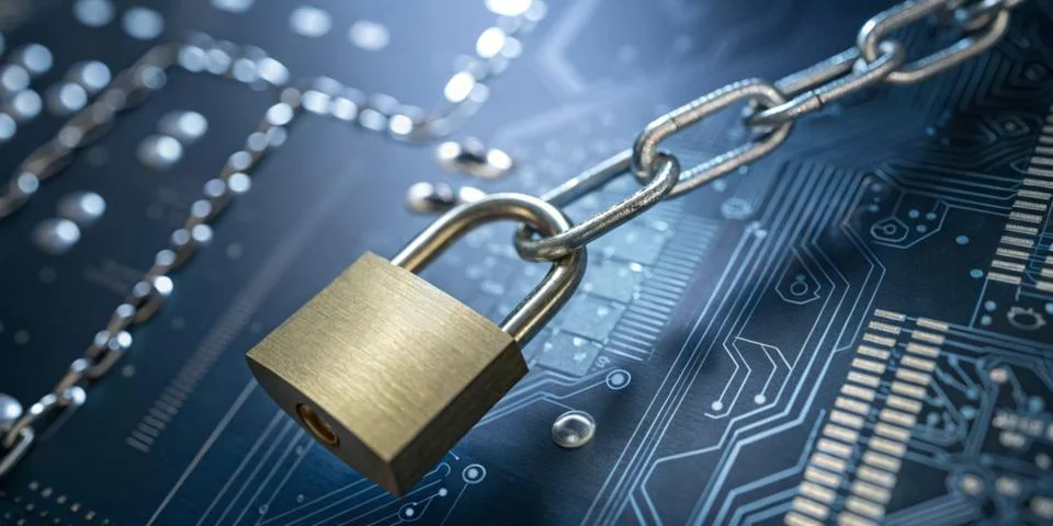 Abstract background in technology. Padlock that is chained and placed on circuit Stock Photos