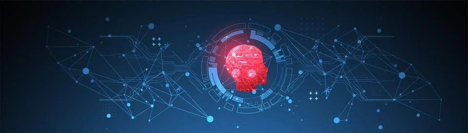 Abstract background on the theme of artificial intelligence. Red head shape w Stock Illustration
