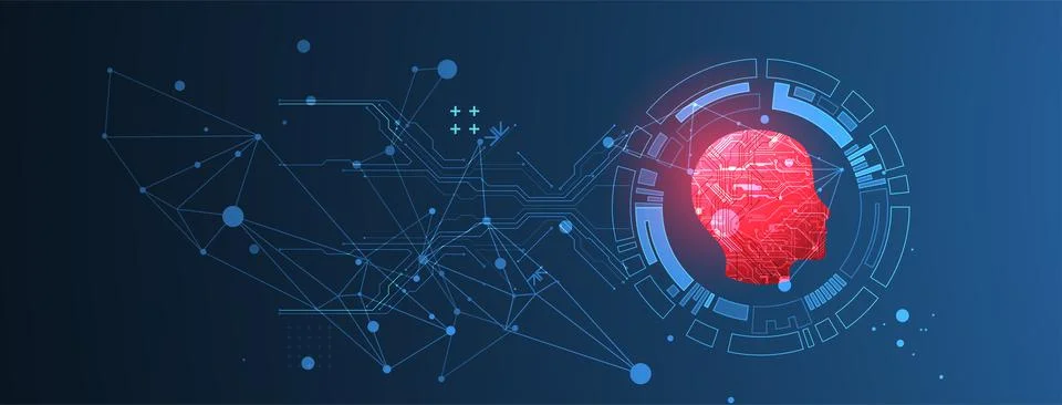 Abstract background on the theme of artificial intelligence. Red head shape w Stock Illustration