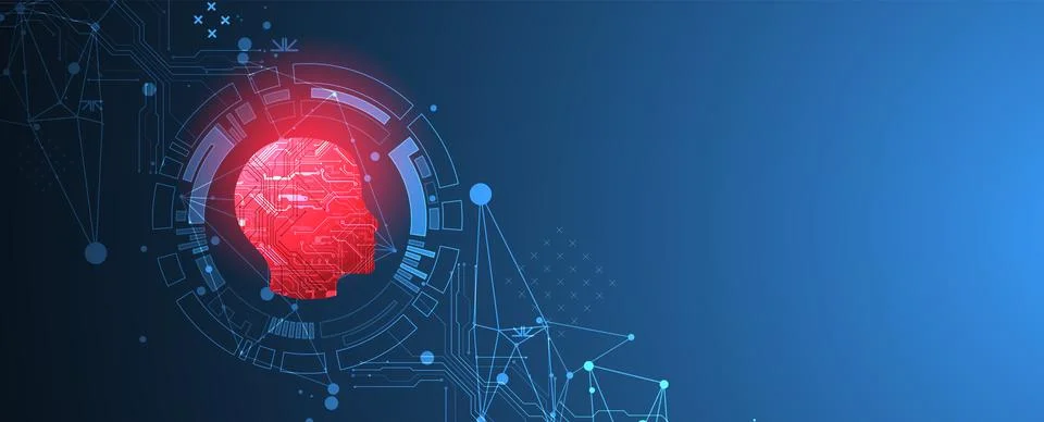 Abstract background on the theme of artificial intelligence. Red head shape w Stock Illustration